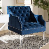 Baxton Studio TSF1239-Navy Blue/Acrylic-CC Silvana Modern and Contemporary Navy Velvet Fabric Upholstered Lounge Chair with Acrylic Legs